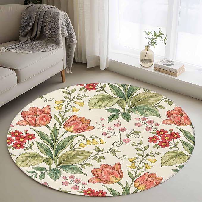 Washable Round Area Rug Vintage Tulips Red Daisies Circle Rugs Floor Carpet for Living Room Bedroom, Yellow Blooms Floral Pattern Soft Non Slip Round Rug 4ft