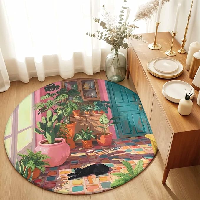 Washable Round Area Rug Sleeping Cat Pink Sunlit Room Circle Rugs Floor Carpet for Living Room Bedroom, Potted Plants Soft Non Slip Round Rug 5ft