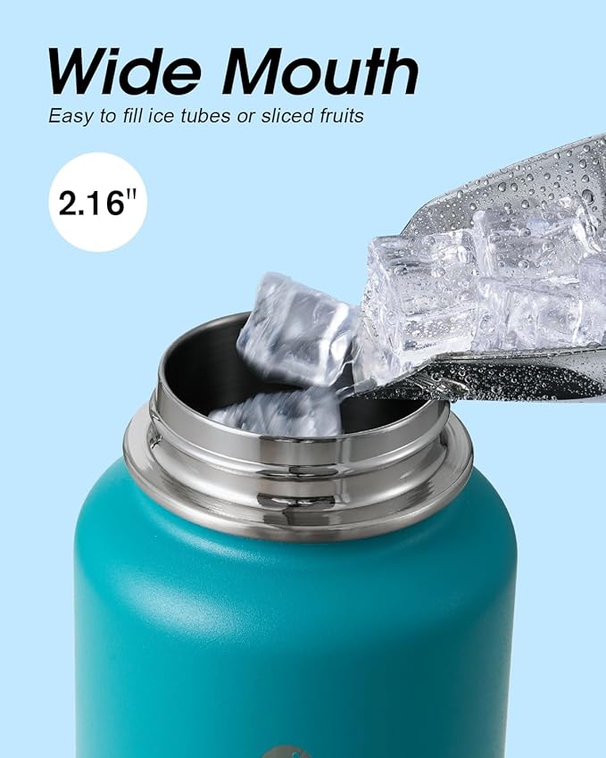 Coolflask Water Bottle 32 oz Insulated with Straw, Stainless Steel Metal 3 Lids Water Flask Wide Mouth for Sports or Office, Non-BPA Keep Cold Up to 48 Hrs or Hot Up to 24 Hrs, Indigo Blue