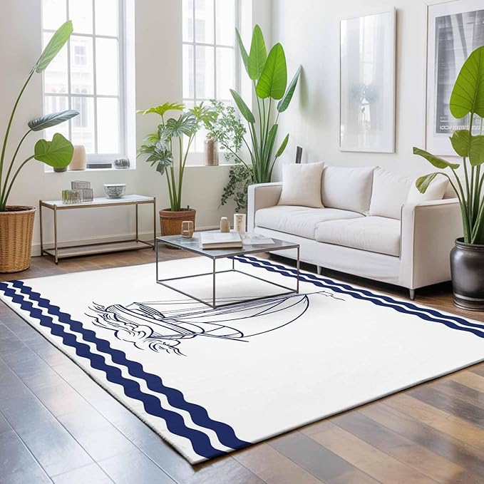 Area Rug 3x5ft, Summer Ocean Nautical Sailboat Washable Rugs for Living Room Bedroom, Marine Theme Navy Blue Stripe Soft Non-Slip Area Rugs Rectangle Floor Carpet for Dining Room