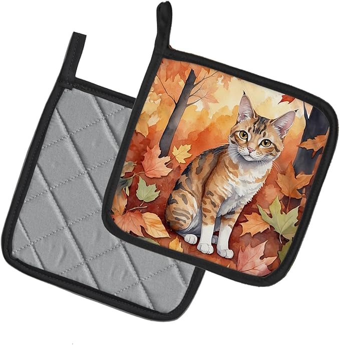 Caroline's Treasures Oregon Rex Cat in Fall Leaves Pair of Pot Holders Kitchen Heat Resistant Pot Holders Sets Oven Hot Pads for Cooking Baking BBQ, 7 1/2 x 7 1/2