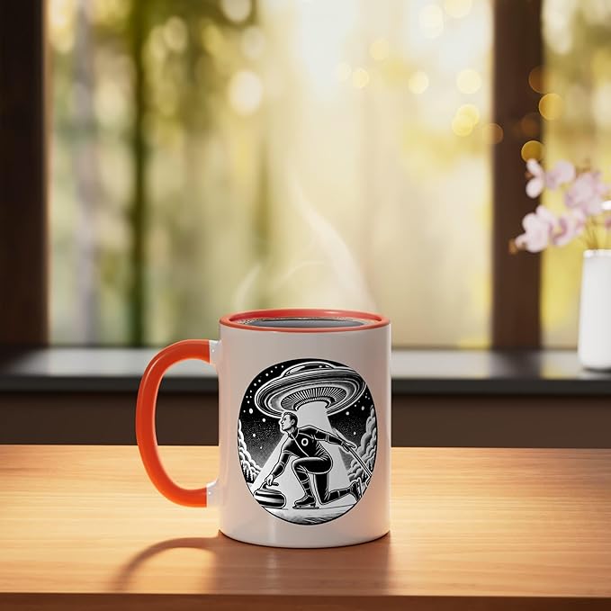 Curling Curl Curler Sport Men Guys Male Ice Outer Space Ceramic Mug, Orange/White