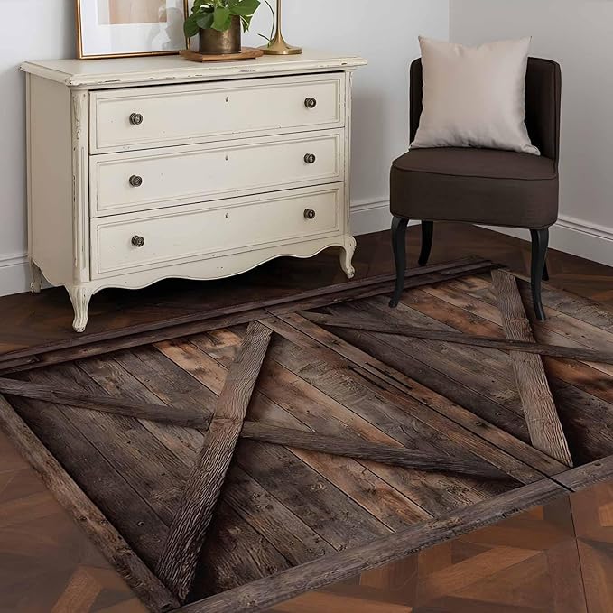 Area Rug 4x6ft, Vintage Farmhouse Barn Washable Rugs for Living Room Bedroom, Country Wooden Plank Soft Non-Slip Area Rugs Rectangle Floor Carpet for Dining Room