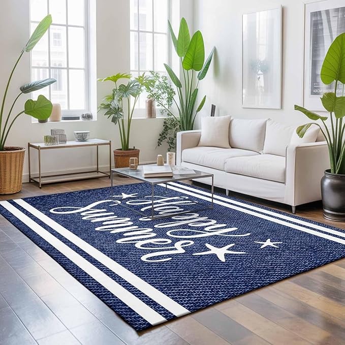 Area Rug 4x6ft, Happy Summer Quote Ocean Starfish Washable Rugs for Living Room Bedroom, Navy Blue Stripe Denim Texture Soft Non-Slip Area Rugs Rectangle Floor Carpet for Dining Room