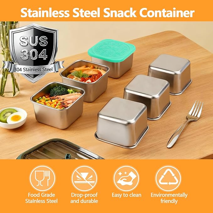 Stainless Steel Snack Box Containers - 8 Pack 6oz Reusable Small Snack Containers with Silicone Lids, 304 Metal Stackable Food Storage Cups, Salad Dressing Dipping Sauce for Travel, Picnic