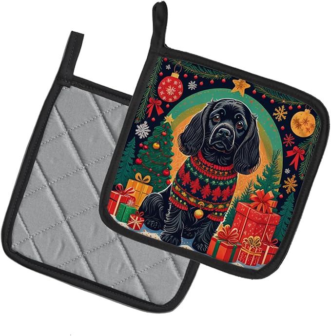Caroline's Treasures Black Cocker Spaniel Christmas Pair of Pot Holders Kitchen Heat Resistant Pot Holders Sets Oven Hot Pads for Cooking Baking BBQ, 7 1/2 x 7 1/2