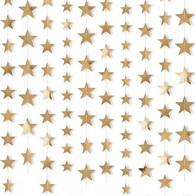 Patelai 210 Feet Glitter Star Garland Banner 2026 Party Decoration Double Side Star Hanging String Streamer Paper Twinkle for Graduation Wedding Birthday (Champagne Gold)