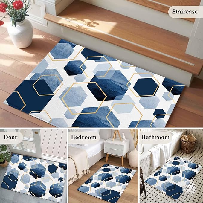 Area Rug 2x3ft, Watercolor Blue Hexagon Washable Rugs for Living Room Bedroom, Abstract Geometric Art Soft Non-Slip Area Rugs Rectangle Floor Carpet for Dining Room
