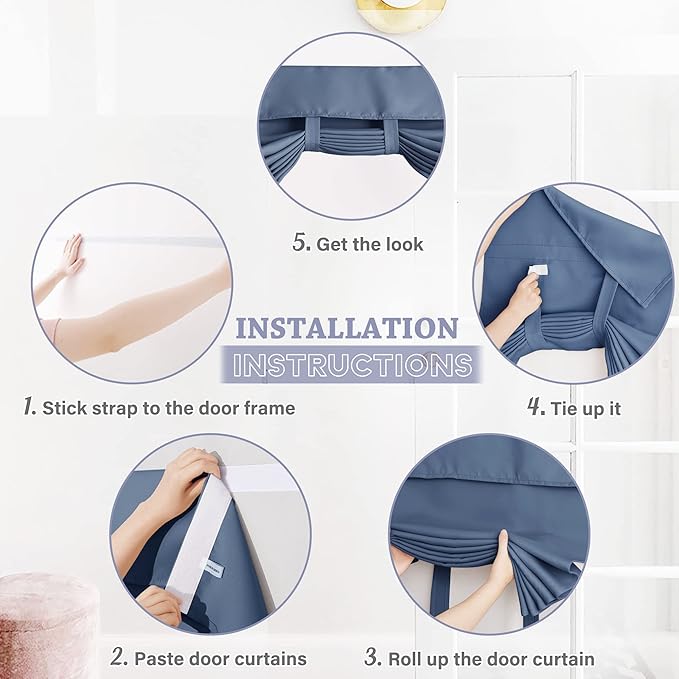RYB HOME Blackout French Door Curtain - Privacy Thermal Insulated Window Shades for Patio Kitchen Front Entry Back Door Glass Window, Self Adhesive No Drill, 1 Panel, 26" W x 69" L, Stone Blue