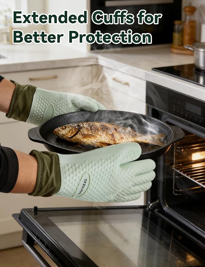 Silicone Oven Mitts with Five-Finger Design, Extended Cuff & Soft Cotton Lining – Heat Resistant, Waterproof, Non-Slip Oven Gloves for Baking, Cooking, Grilling, Safe Grip on Hot Cookware - Green