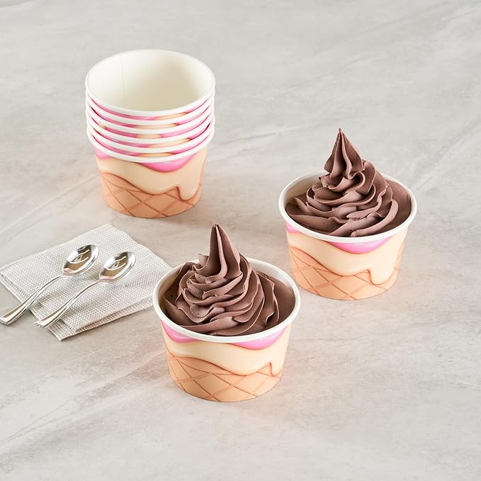 Restaurantware Ice Cream Cups 50 Pack of 8 oz Leak-Resistant Disposable Dessert Bowl Frozen Yogurt Cup Round Paper Container For Cold And Hot Desserts
