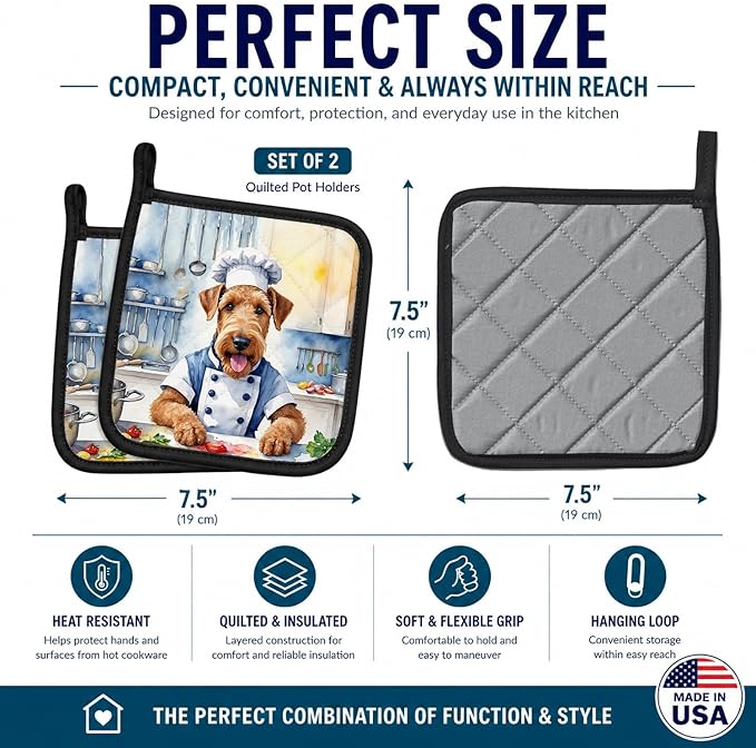 Caroline's Treasures Airedale Terrier The Chef Pair of Pot Holders Kitchen Heat Resistant Pot Holders Sets Oven Hot Pads for Cooking Baking BBQ, 7 1/2 x 7 1/2