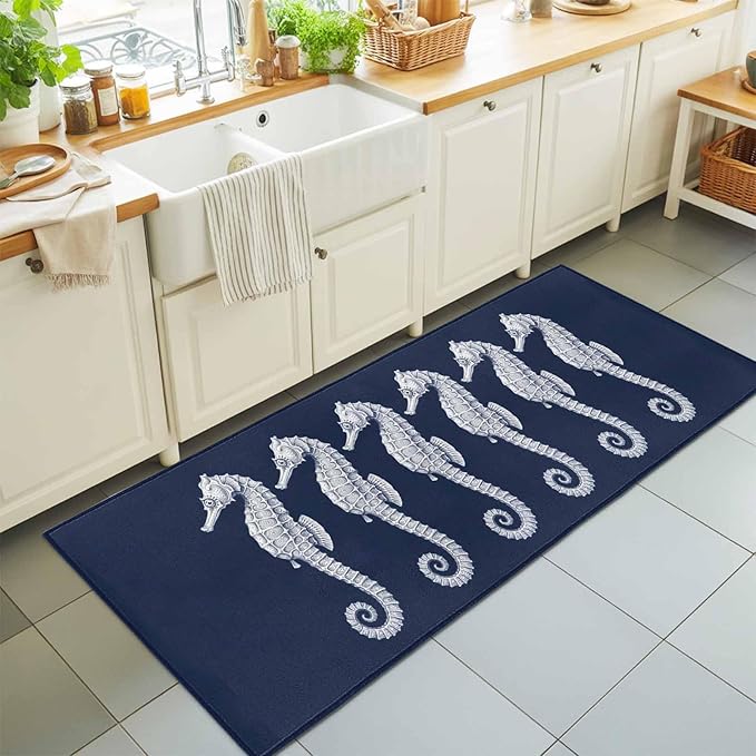 Runner Rug for Bedroom Hallway, Ocean Life Seahorse Navy Blue Kitchen Runner Rugs Area Rug 2x6ft, Summer Nautical Theme Washable Soft Floor Carpet for Entryway Stair