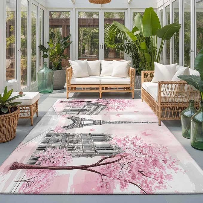 Area Rug 3x5ft, Modern Pink Flower Paris Landmarks Washable Rugs for Living Room Bedroom, Towel Architecture Soft Non-Slip Area Rugs Rectangle Floor Carpet for Dining Room