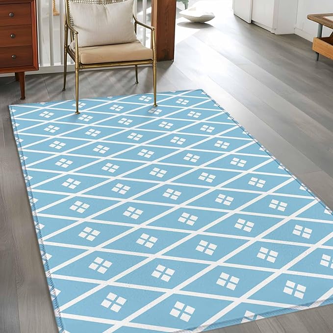 Area Rug 3x5ft, Boho Blue White Plaid Line Washable Rugs for Living Room Bedroom, Abstract Geometric Diamond Soft Non-Slip Area Rugs Rectangle Floor Carpet for Dining Room