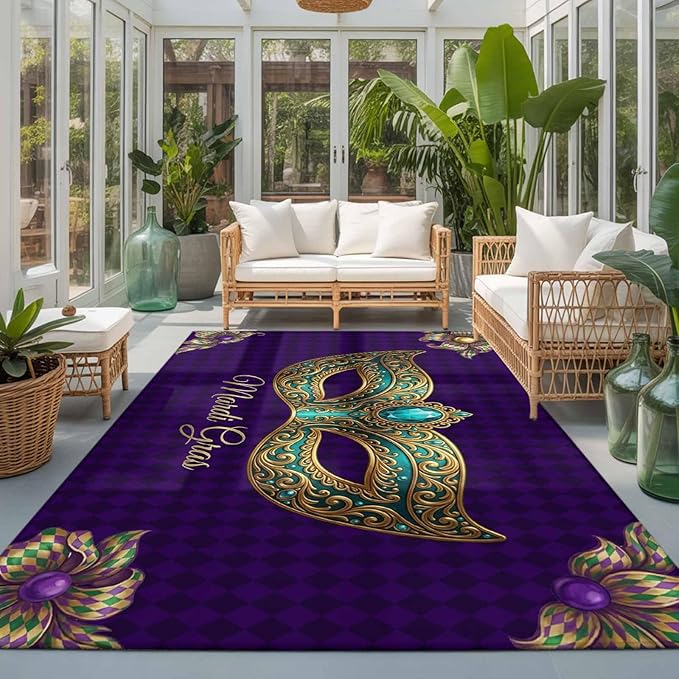 Area Rug 3x5ft, Mardi Gras Mask Purple Plaid Washable Rugs for Living Room Bedroom, Abstract Blossom Floral Soft Non-Slip Area Rugs Rectangle Floor Carpet for Dining Room