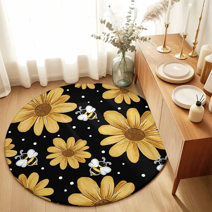 Washable Round Area Rug Summer Daisy Flower Bee on Black Circle Rugs Floor Carpet for Living Room Bedroom, Spring Watercolor Floral Soft Non Slip Round Rug 5ft