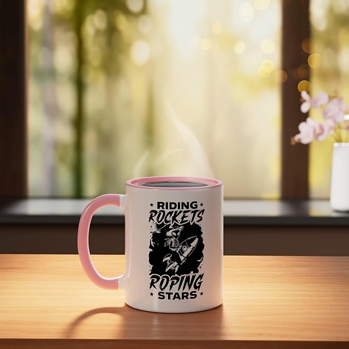 Alien Lover Flying Saucer UFO Extraterrestrial Cowboy Ceramic Mug, Pink/White