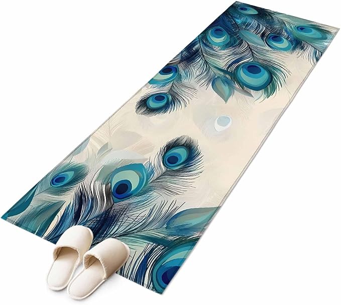 Runner Rug for Bedroom Hallway, Abstract Animal Art Peacock Feather Kitchen Runner Rugs Area Rug 2x6ft, Watercolor Blue Eyes Beige Washable Soft Floor Carpet for Entryway Stair