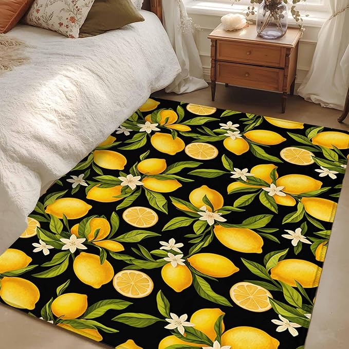 Area Rug 4x6ft, Summer Lemon Flower Washable Rugs for Living Room Bedroom, Plant on Black Soft Non-Slip Area Rugs Rectangle Floor Carpet for Dining Room