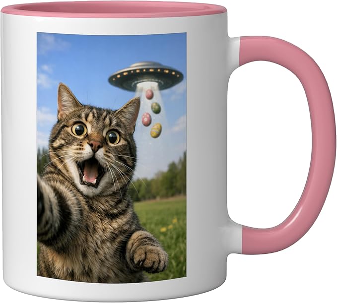 Funny Cat Selfie with Easter Eggs UFO for Men Women Kids Ceramic Mug, Pink/White