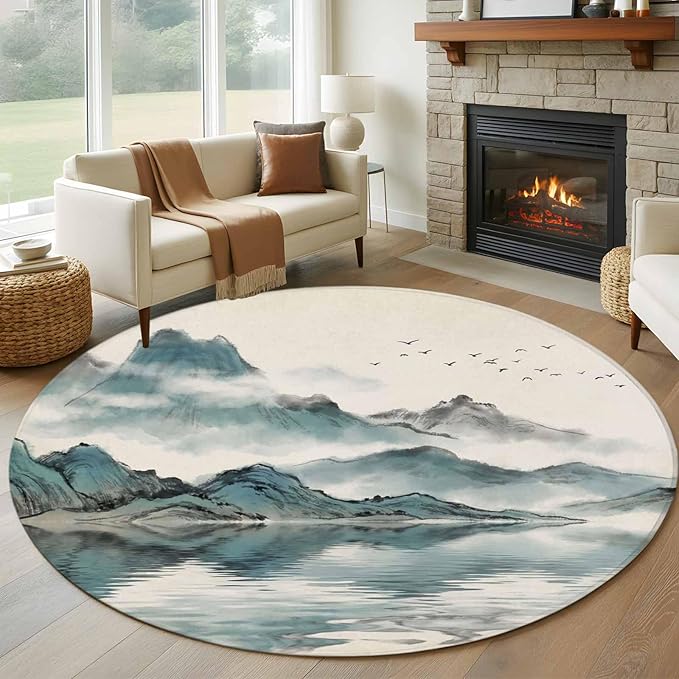 Washable Round Area Rug Chinese Zen Landscape Ombre Circle Rugs Floor Carpet for Living Room Bedroom, Abstract Mountain Lake Soft Non Slip Round Rug 5ft