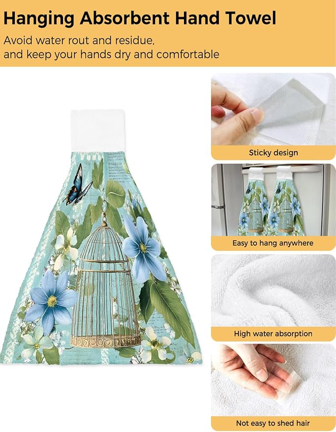 Alandar Home Kitchen Tie Towel Set of 1, Summer Flower Leaf Birdcage Absorbent Soft Hand Towels for Bathroom Hanging Towels, Retro Watercolor Butterfly Plant Fast Drying Cleaning Cloth with Loop