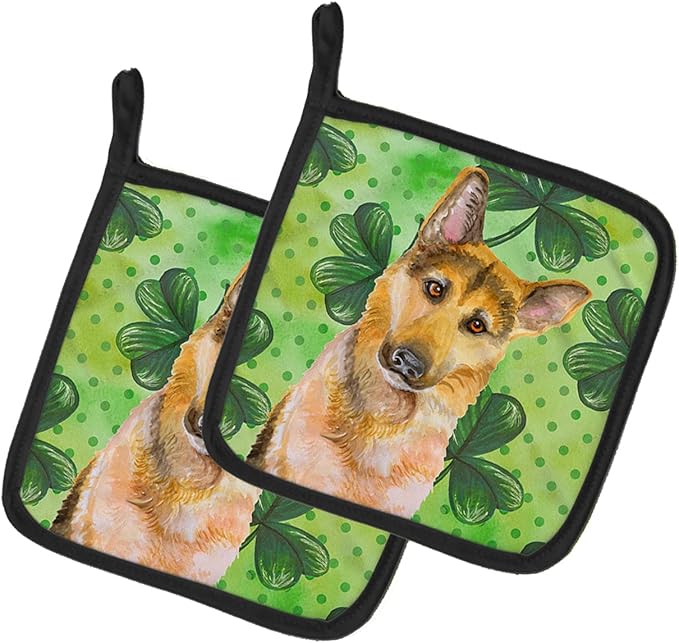 Caroline's Treasures BB9885PTHD German Shepherd #2 St Patrick's Pair of Pot Holders, Green Kitchen Heat Resistant Pot Holders Sets Oven Hot Pads for Cooking Baking BBQ, 7 1/2 x 7 1/2