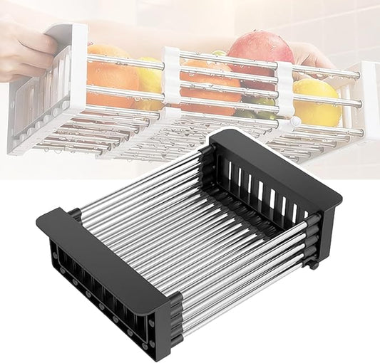 Extend Kitchen Sink Drain Basket, Adjustable Stainless Steel Drying Rack, Extender Basket for Vegetables Fruits and Dishes, Space-Saving Solution for Fruit Vegetable (Black,Small)