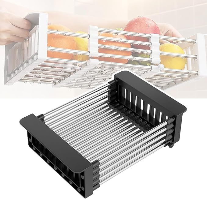 Extend Kitchen Sink Drain Basket, Adjustable Stainless Steel Drying Rack, Extender Basket for Vegetables Fruits and Dishes, Space-Saving Solution for Fruit Vegetable (Black,Large)