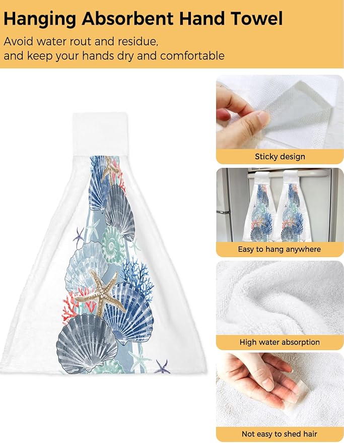 Alandar Home Kitchen Tie Towel Set of 2, Ocean Shells Starfish Coral Absorbent Soft Hand Towels for Bathroom Hanging Towels, Watercolor Marine Life Fast Drying Cleaning Cloth with Loop