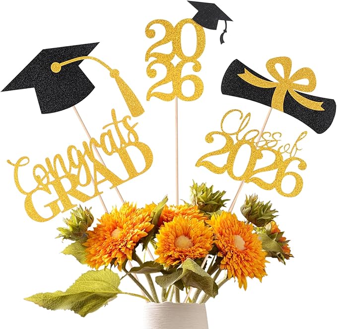 Graduation Decorations 2026, 20 PCS Sparkling Black and Gold Double-Sided Centerpiece Sticks for Tables, Class of 2026 Table Toppers and Party Supplies