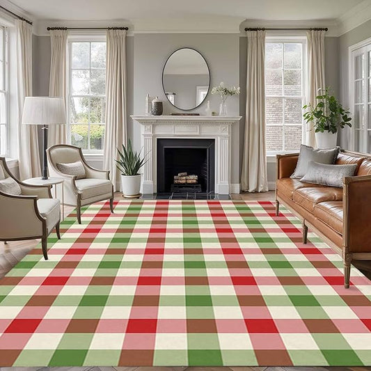 Area Rug 9x12ft, Vintage Pastoral Red Green Buffalo Gingham Washable Rugs for Living Room Bedroom Rectangle Floor Carpet, Christmas Plaid Soft Non-Slip Area Rugs for Dining Room
