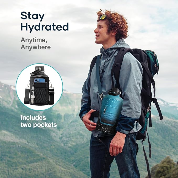 BUZIO 1 Gallon Water Jug with Straw Lid, 128oz Water Bottle Stainless Steel Triple Wall Hydro Jug 18/8 Food Grade Thermo Mug Keep Cold 48H & Hot 24H, Dappled Navy Black