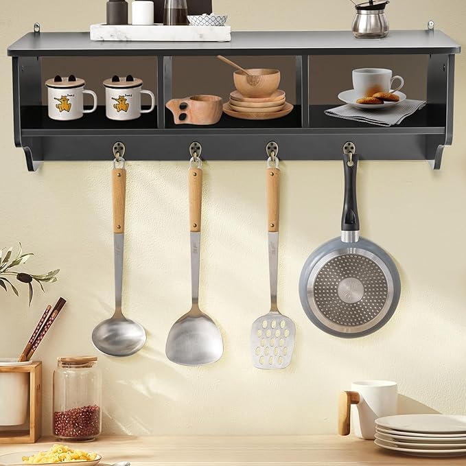 Casart Hanging Shelf Wall Mounted Storage Cabinets W/Hooks for Bedroom, Living Room and Entryway (Black)