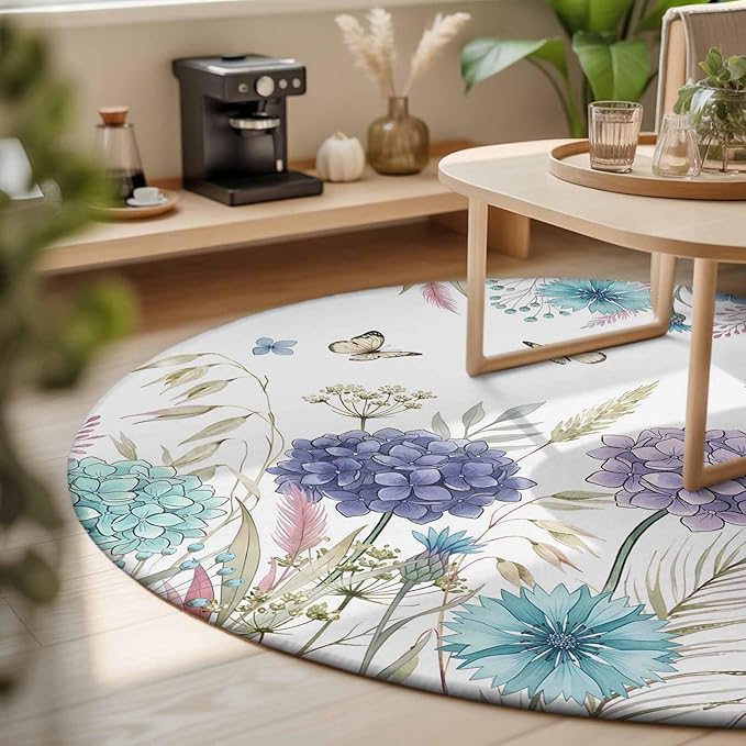 Washable Round Area Rug Spring Flower Thistle Hydrangea Circle Rugs Floor Carpet for Living Room Bedroom, Wild Garden Floral Butterfly Soft Non Slip Round Rug 3ft