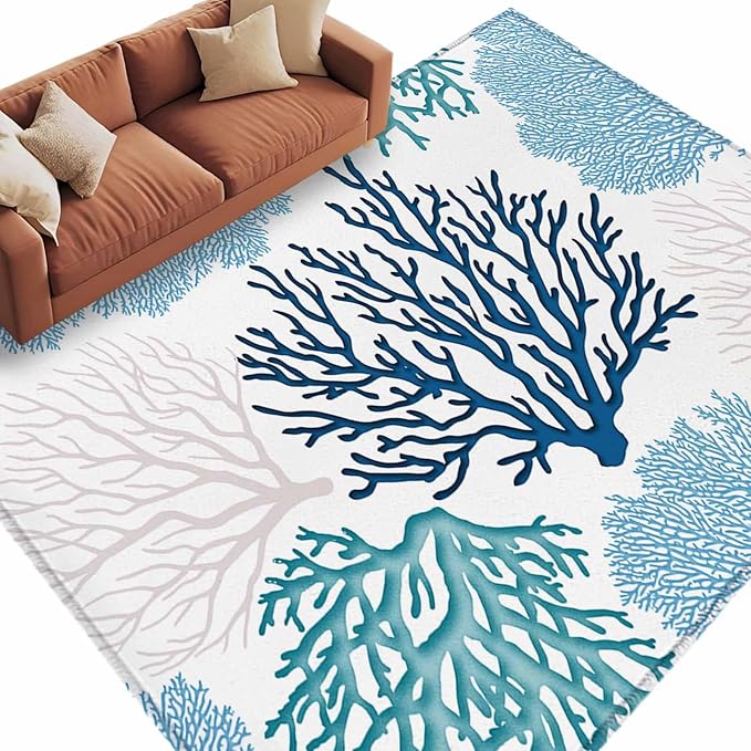 Area Rug 6x9ft, Classic Sea Blue Coral Washable Rugs for Living Room Bedroom, Abstract Marine Life Scenery Soft Non-Slip Area Rugs Rectangle Floor Carpet for Dining Room