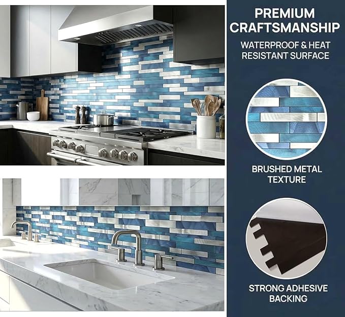 Weimeisc 10 Sheets Peel and Stick Backsplash Tile for Kitchen, Self-Adhesive Mosaic Tile, Stick on Bathroom Vanities，Fireplace Décor, Laundry Table(11.25" X 12.7") (Blue Series)