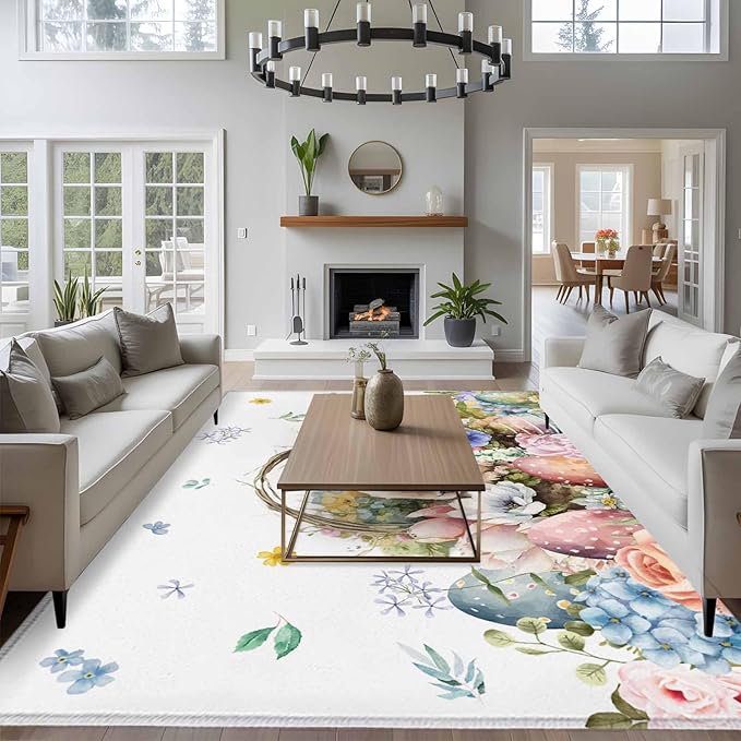 Area Rug 6x9ft, Easter Egg Spring Flower Cute Rabbit Washable Rugs for Living Room Bedroom, Blossom Floral on White Soft Non-Slip Area Rugs Rectangle Floor Carpet for Dining Room