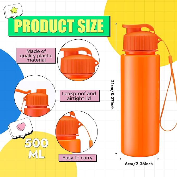 Maxcheck 30 Pieces Water Bottle Bulk 17 oz Plastic Sports Water Bottles Bulk with Handle Strap Lightweight Leakproof Drink Flip Top for Adults Fit Gym(Bright Style,Bright Color)