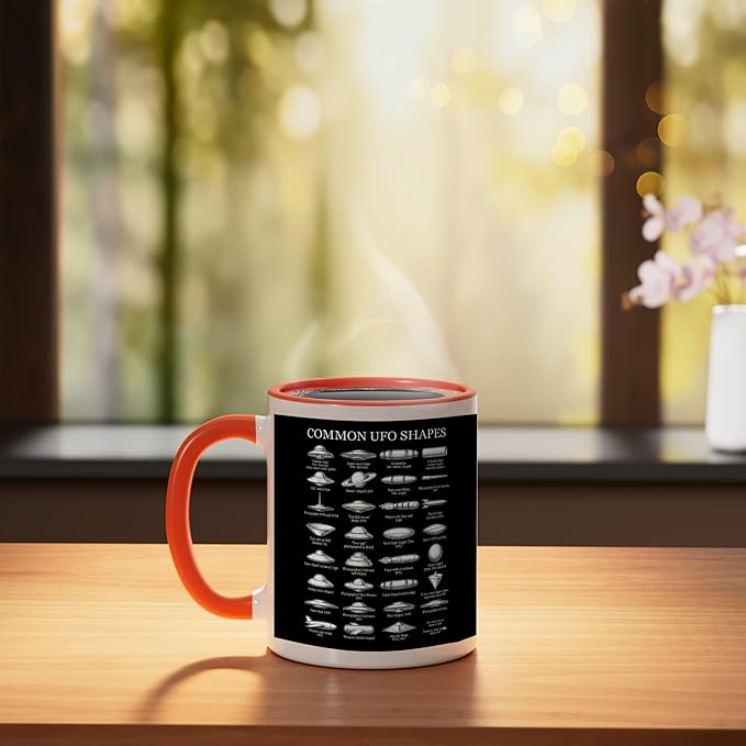 Common UFO Shapes Vintage Chart Alien Flying Saucer Ceramic Mug, Orange/White
