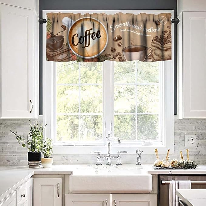 Vintage Coffee Valance, Fresh Roasted Coffee Beans Farmhouse Short Window Treatment for Cafe Kitchen Dining Room Resturant Bedroom Living Room, 54x18Inch