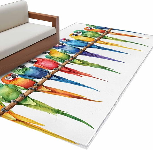 Area Rug 3x5ft, Funny Watercolor Parrot Washable Rugs for Living Room Bedroom, Red Green Blue Gradient Bird Soft Non-Slip Area Rugs Rectangle Floor Carpet for Dining Room