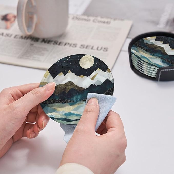 Mountain Sunset Leather Drinks Coasters with Holder Set of 6, Suitable for Kinds of Cups