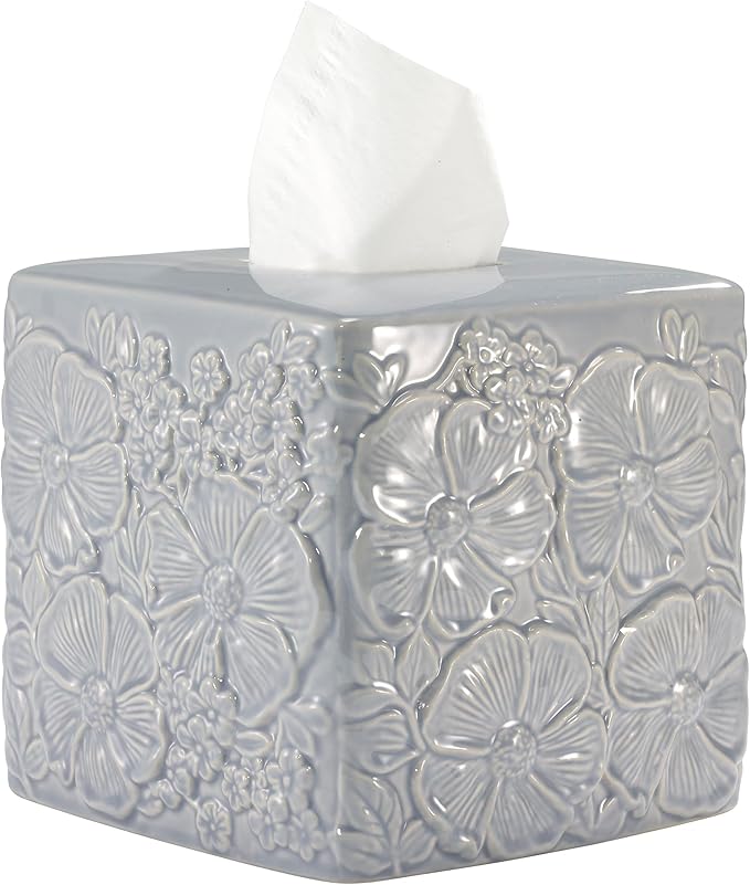 Nicole Miller – Tissue Box Cover, Floral Ceramic with Hand-Painted Accents, Elegant Home Decor – Perfect for Bathrooms, Bedrooms, Kitchens or Offices (Camille)