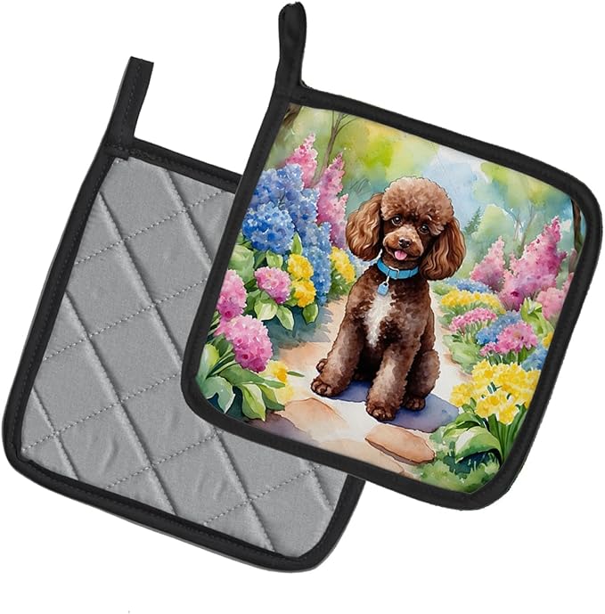 Caroline's Treasures Chocolate Poodle Spring Path Pair of Pot Holders Kitchen Heat Resistant Pot Holders Sets Oven Hot Pads for Cooking Baking BBQ, 7 1/2 x 7 1/2