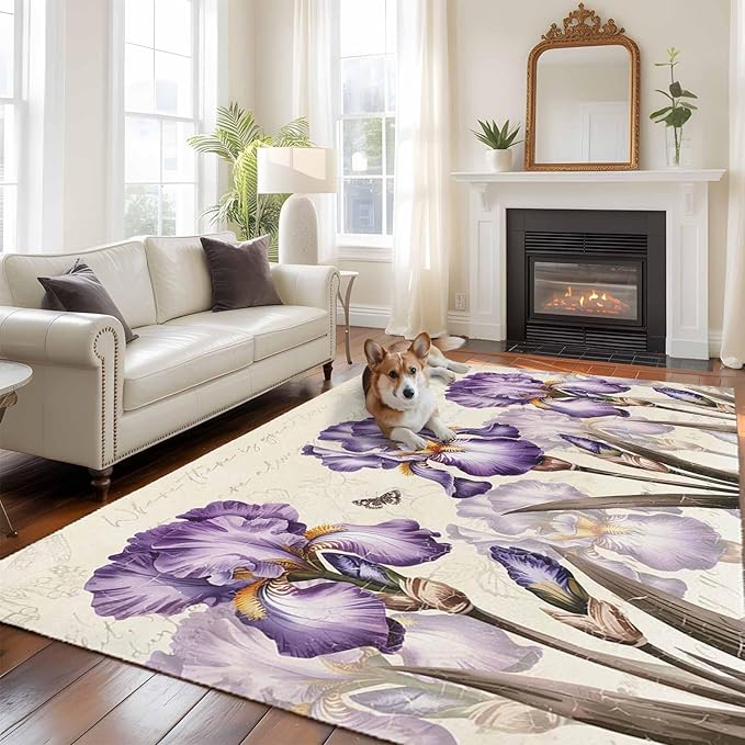 Area Rug 6x9ft, Pastoral Purple Flower Watercolor Washable Rugs for Living Room Bedroom, Country Botanical Butterflies Soft Non-Slip Area Rugs Rectangle Floor Carpet for Dining Room