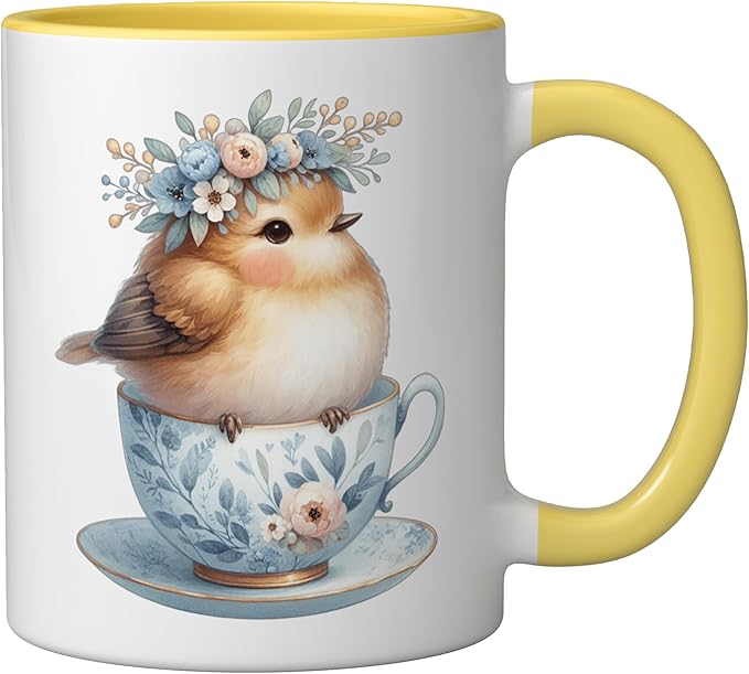Cute Bird Floral Teacup Illustration Ceramic Mug, Yellow/White