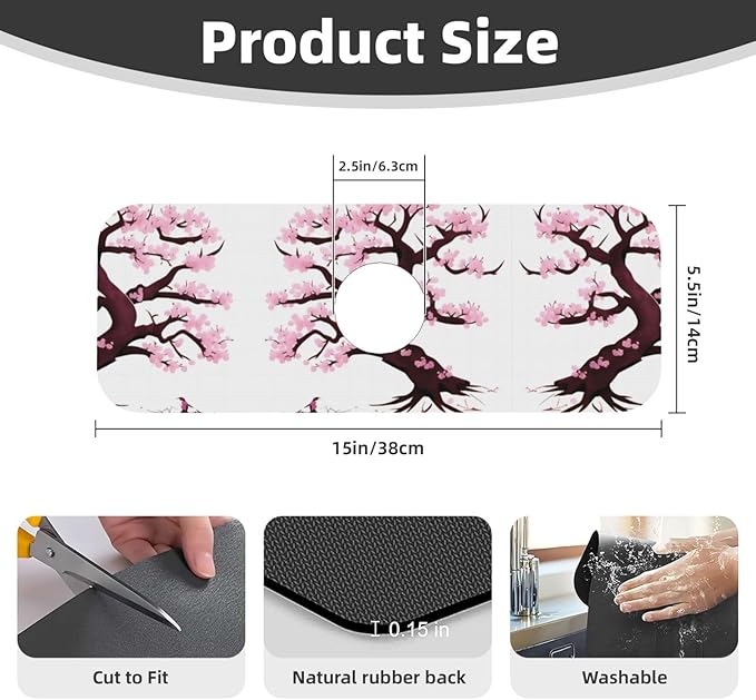 Cherry Blossoms Tree Printed Faucet Absorbent mat, Suitable for bathrooms, Kitchens, and Other Sink Areas.