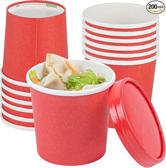 Restaurantware-Bio Tek 12 Ounce Disposable Soup Cups, 200 Microwavable Paper Soup Cups - Vented Lids Sold Separately, Hot And Cold Foods, Red Paper To Go Soup Containers, For Desserts Or Treats